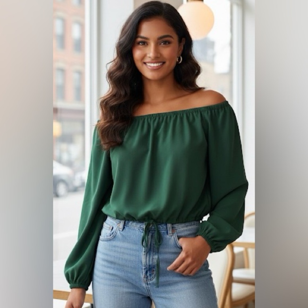 Aritzia, Wilfred bottle green, off shoulder, long sleeve blouse, elastic lines,S
